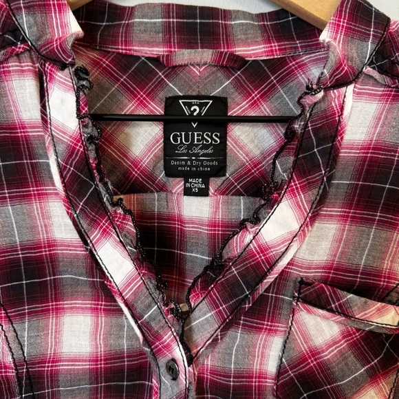 Guess Western Plaid Y2K Style Sheer Button Down Ruffled Blouse Red Black Sz XS - Picture 3 of 5